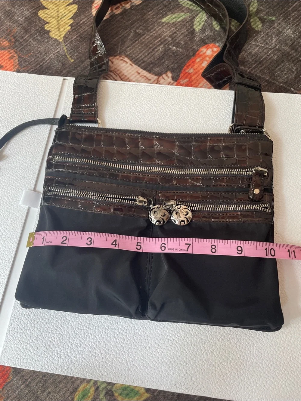 Brighton Brown Croc Embossed Crossbody Adjustable Bag With Silver Heart